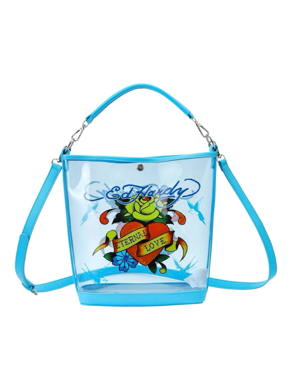 Ed Hardy Blue PVC Beach Bucket Bag Eternal Love Clear Tote Crossbody NWT